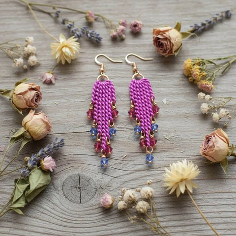 Hot Pink Tassel Chain Earrings with Swarovski Crystals – Handmade Jewelry | Made in USA Alexa Martha Designs  Earrings