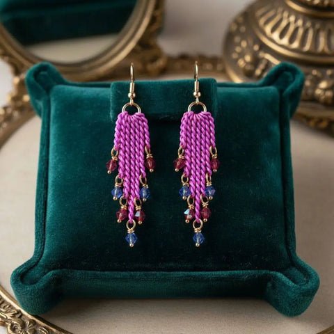 Hot Pink Tassel Chain Earrings with Swarovski Crystals – Handmade Jewelry | Made in USA Alexa Martha Designs  Earrings