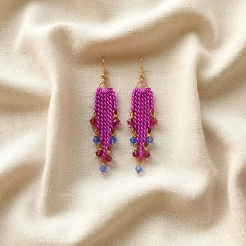 Hot Pink Tassel Chain Earrings with Swarovski Crystals – Handmade Jewelry | Made in USA Alexa Martha Designs  Earrings