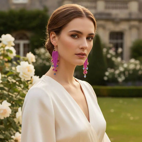 Hot Pink Tassel Chain Earrings with Swarovski Crystals – Handmade Jewelry | Made in USA Alexa Martha Designs  Earrings