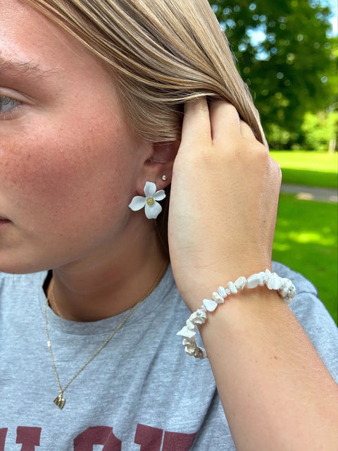 Howlite Gemstone Wrap Bracelet And White Flower Earrings Set – Stylish Jewelry | Made In USA Michelle Marie Boutique  Bracelet Set