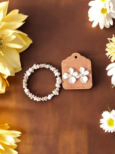 Howlite Gemstone Wrap Bracelet And White Flower Earrings Set – Stylish Jewelry | Made In USA Michelle Marie Boutique  Bracelet Set