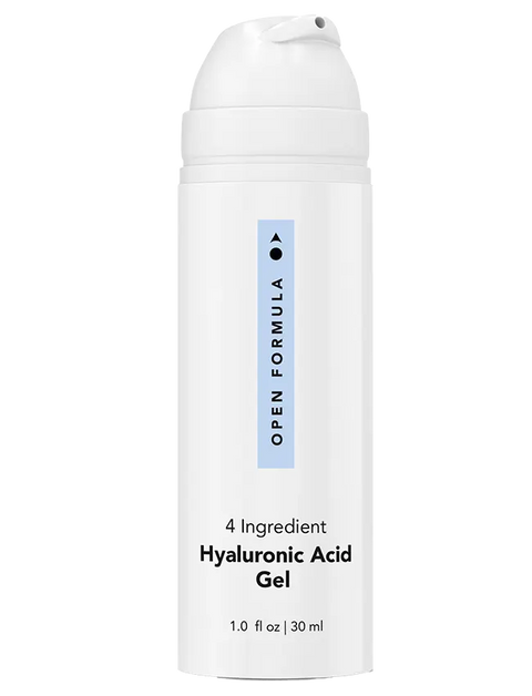 A white pump bottle of Open Formula Hyaluronic Acid Gel, 1.0 fl oz (30 ml), features minimal design with blue branding—ideal for dry skin and reducing lines and wrinkles.