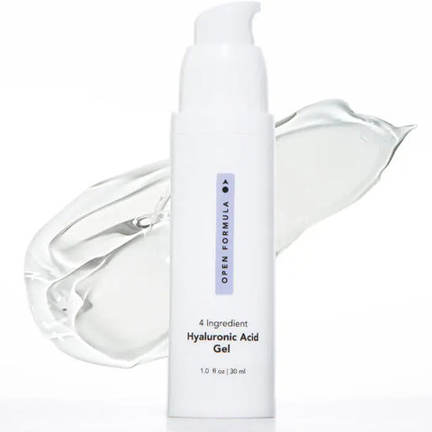 A white bottle of Open Formula Hyaluronic Acid Gel with a pump sits before a clear gel smear, its label reading “4 Ingredient Hyaluronic Acid Gel, 1.0 fl oz (30 ml)”—ideal for dry skin and smoothing lines and wrinkles.