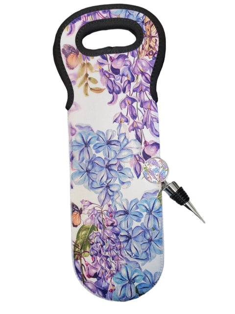 Hydrangea Floral Neoprene Wine Bag with Matching Wine Stopper Set – Handcrafted Gift | Made in USA Michelle Marie Boutique  Wine Carrier Bags