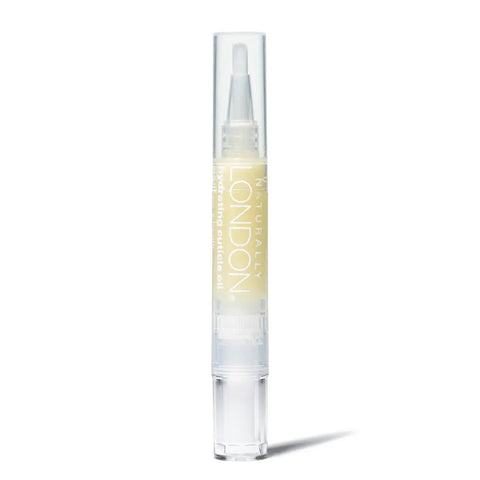 A clear pen-shaped 9mL container with a brush tip holds Naturally London Hydrating Cuticle Oil, a botanical, light yellow oil ideal for nail care.