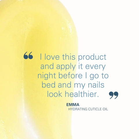 A light yellow swirl of Naturally London Hydrating Cuticle Oil, 9mL, with a testimonial in blue text: I love this product and apply it every night before bed—my nails look healthier. — Emma, Hydrating Cuticle Oil.