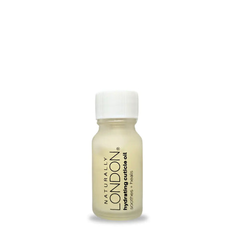 A 9mL clear bottle with a white cap, labeled Hydrating Cuticle Oil by Naturally London, stands upright against a white background—ideal for botanical cuticle oil enthusiasts seeking elevated nail care.