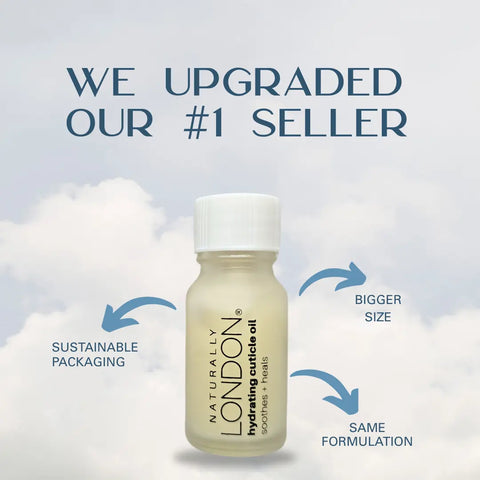 Naturally Londons Hydrating Cuticle Oil, 9mL, is shown against a cloudy sky. The upgraded nail care oil features sustainable packaging, a larger size, and maintains the same nourishing botanical formula.