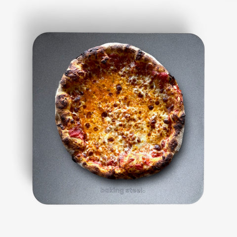 An American-made baking steel used to cook pizzas in as little as 3-5 minutes. 