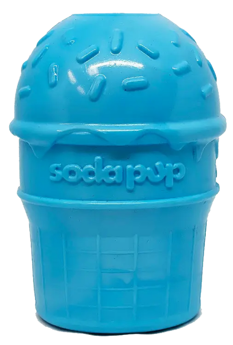 The SodaPup Ice Cream Cone Durable PUP-X Rubber EDispenser is a blue chew toy with sprinkles, “SodaPup” embossed on the side, and doubles as a treat dispenser for your pup.