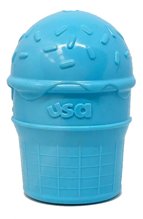 The SodaPup Ice Cream Cone Durable PUP-X Rubber EDispenser is a blue, cone-shaped treat dispenser and tough chew toy for playful pets, featuring sprinkles on top and usa embossed on the front.
