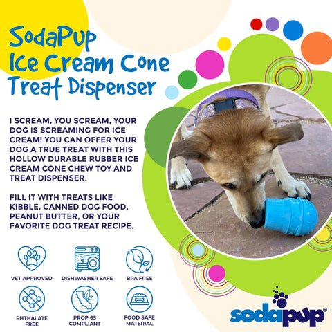 A dog licks the blue SodaPup Ice Cream Cone Durable PUP-X Rubber EDispenser, a tough chew toy and treat dispenser, on grass. Colorful graphics highlight its pet-safe, food-compliant features for playful, durable fun.