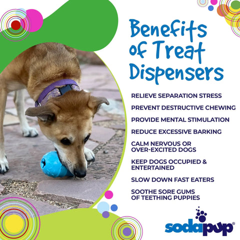 A dog enjoys the SodaPup Ice Cream Cone Durable PUP-X Rubber EDispenser Chew Toy and Treat Dispenser on a patio. Benefits like stress reduction and mental stimulation are highlighted nearby. The SodaPup logo appears at the bottom.