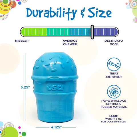 The SodaPup Ice Cream Cone Durable PUP-X Rubber EDispenser is a blue 3.25x4.125 USA-labeled chew toy for average to strong chewers that doubles as a tough rubber treat dispenser for dogs.