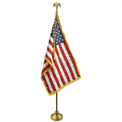 Indoor U.S. Flag Display Set – Patriotic Wall Decor with Gold Fringe and Eagle Topper | Made in USA Freedom Flag and Pole 