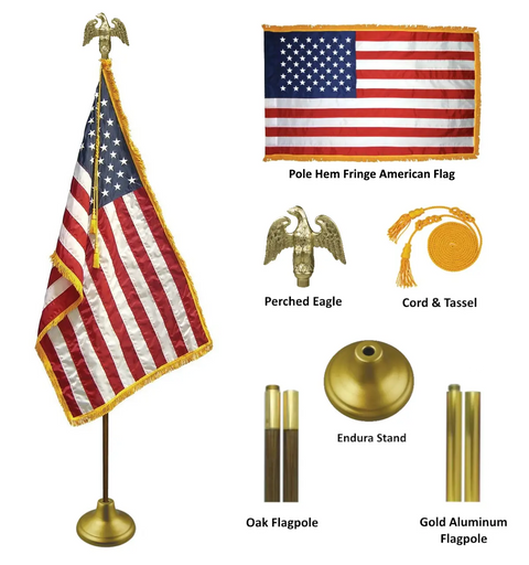 Indoor U.S. Flag Display Set – Patriotic Wall Decor with Gold Fringe and Eagle Topper | Made in USA Freedom Flag and Pole 