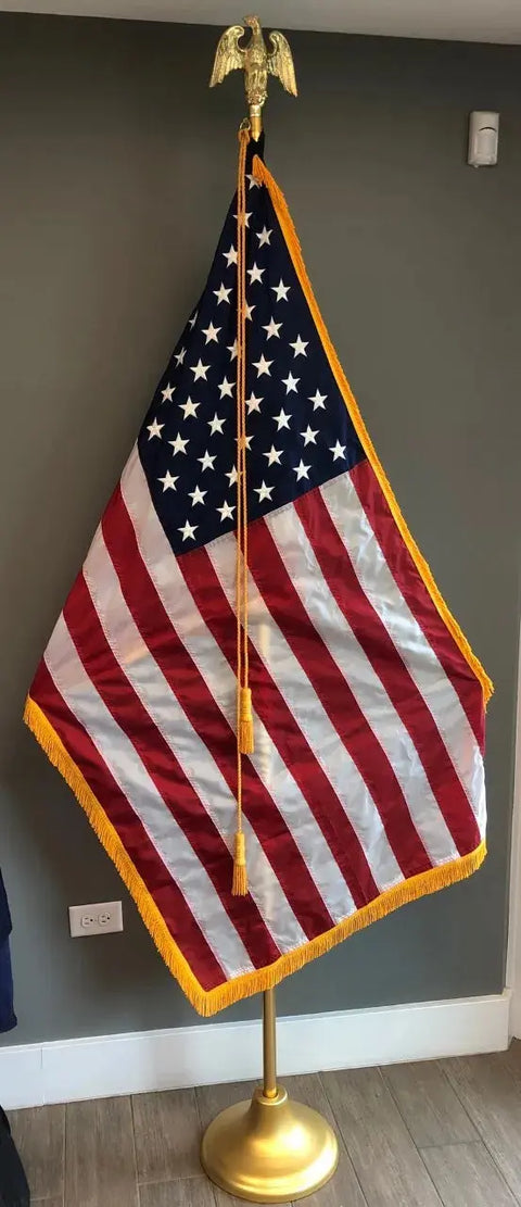 Indoor U.S. Flag Display Set – Patriotic Wall Decor with Gold Fringe and Eagle Topper | Made in USA Freedom Flag and Pole 