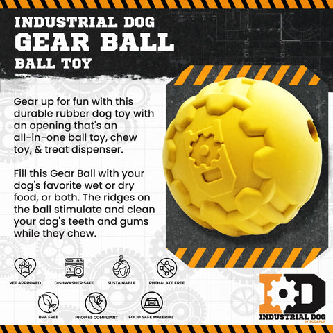 A yellow, rugged SodaPup ID Ball Durable Rubber Chew Ball with gear-like dental ridges is shown. Text highlights its use as a chew toy and treat dispenser, emphasizing safety and sustainability features.