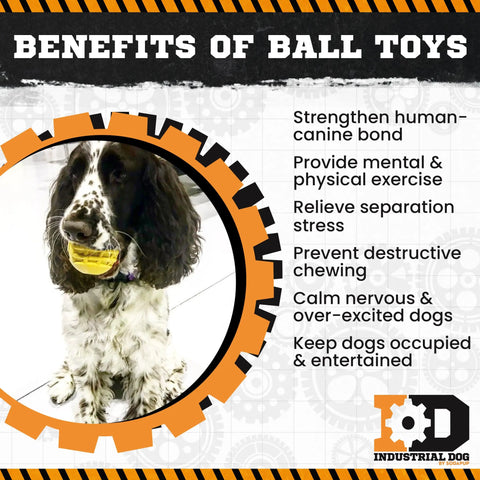 A black and white dog holds the yellow ID Ball Durable Rubber Chew Ball by SodaPup in its mouth. Next to the dog is a list of benefits: exercise, stress relief, and entertainment. Gears and the Industrial Dog logo appear in the background.
