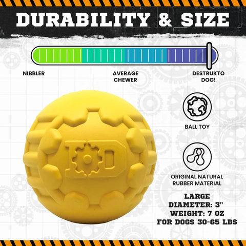 The SodaPup ID Ball Durable Rubber Chew Ball is a 3-wide, 7 oz yellow ball made of natural rubber with dental ridges. Designed for heavy chewers (Destrukto Dog!), its ideal for dogs 30-65 lbs and labeled for power chewing.