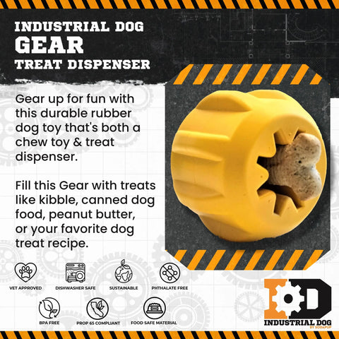 The Gear EDispener Durable Rubber Treat Holder and Chew Toy by SodaPup, shown in yellow and filled with a treat, is a BPA-free, food-safe dog dental chew dispenser that’s dishwasher safe and built to last.