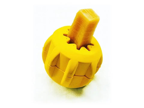 The SodaPup Gear EDispenser Durable Rubber Treat Holder and Chew Toy is a yellow, round dispenser with a ridged base and rectangular stem, shown resting on a white surface.