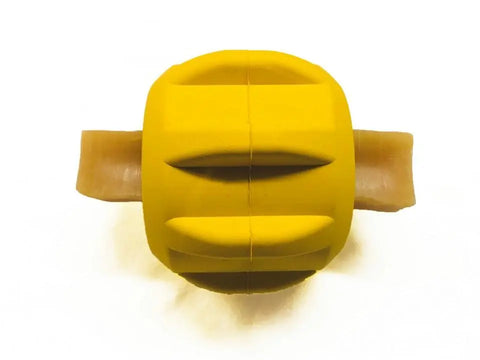 The SodaPup Gear EDispener Durable Rubber Treat Holder and Chew Toy is a yellow, oval-shaped holder with tan ear-like extensions, shown on a white background.
