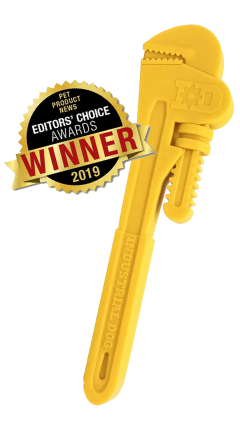 The SodaPup ID Pipe Wrench Ultra Durable Nylon Dog Chew Toy, shown in yellow beside a Pet Product News Editors Choice Awards Winner 2019 badge, is ideal for power chewers and helps reduce problem behaviors.