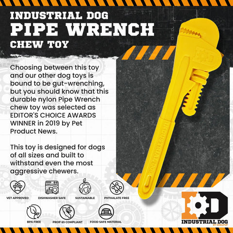 A promo graphic for SodaPup’s ID Pipe Wrench Ultra Durable Nylon Dog Chew Toy shows a bright yellow chew toy for power chewers, with safety and sustainability icons and awards for reducing problem behaviors.