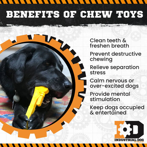 A black dog chews on the SodaPup ID Pipe Wrench Ultra Durable Nylon Dog Chew Toy. Text highlights benefits: cleans teeth, reduces problem behaviors, prevents destructive chewing, relieves stress, calms dogs, stimulates mentally, and entertains power chewers.