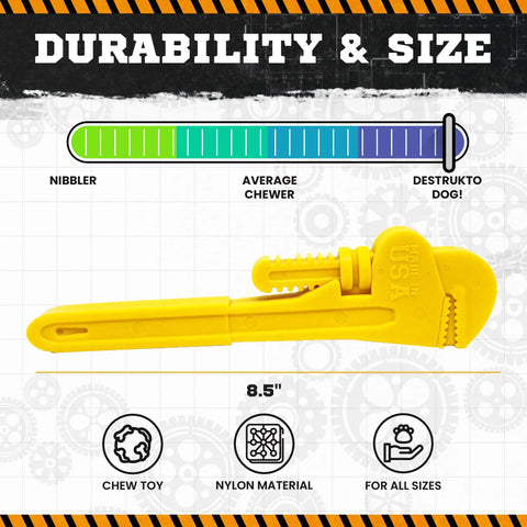 The SodaPup ID Pipe Wrench Ultra Durable Nylon Dog Chew Toy, shown in yellow and measuring 8.5, is rated near the toughest Destrukto Dog level—perfect for power chewers, reduces problem behaviors, and fits all dog sizes.