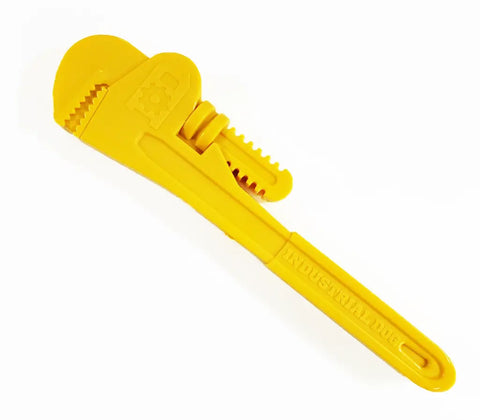 The SodaPup ID Pipe Wrench Ultra Durable Nylon Dog Chew Toy is a yellow plastic pipe wrench with INDUSTRIAL DOG embossed on the handle, designed for power chewers and shown on a white background.
