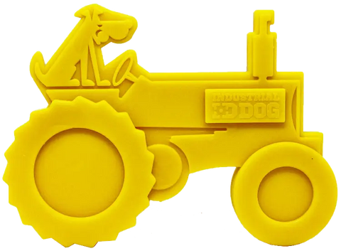 A yellow cartoon-style ID Tractor Ultra Durable Nylon Dog Chew Toy by SodaPup, designed for power chewers, features a dog sitting on it and INDUSTRIAL DOG written on the side.