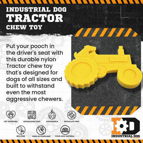 The SodaPup ID Tractor Ultra Durable Nylon Dog Chew Toy in yellow is shown on a gear background. Durable for all power chewers, it’s vet approved, dishwasher safe, sustainable, BPA free, and food safe.