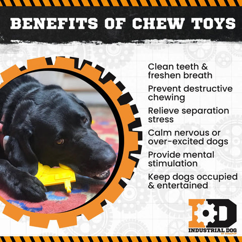 A black dog chews on a yellow SodaPup ID Tractor Ultra Durable Nylon Dog Chew Toy. Benefits listed: cleans teeth, freshens breath, prevents destructive chewing, relieves stress, calms dogs, reduces problem behaviors & entertains power chewers.