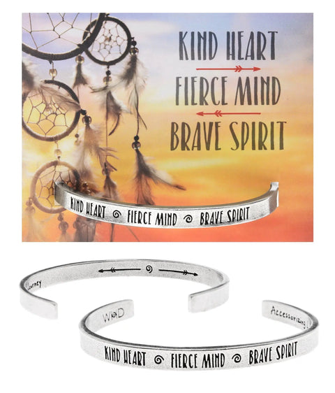 Inspirational Open Cuff Bracelet – Recycled Lead-Free Pewter Jewelry | Kind Heart Fierce Mind Brave Spirit | Made in USA Whitney Howard Designs  Cuff Bracelets