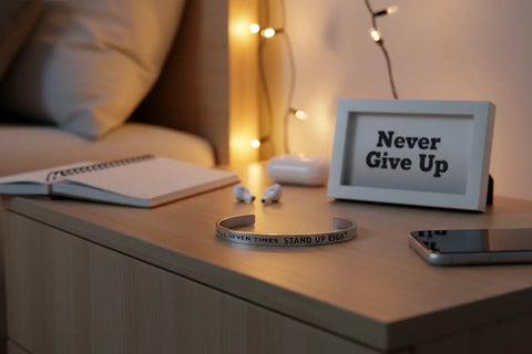Inspirational Quotable Cuff Bracelet – Fall Seven Times Stand Up Eight – Recycled Pewter | Made in USA Whitney Howard Designs  Cuff Bracelets