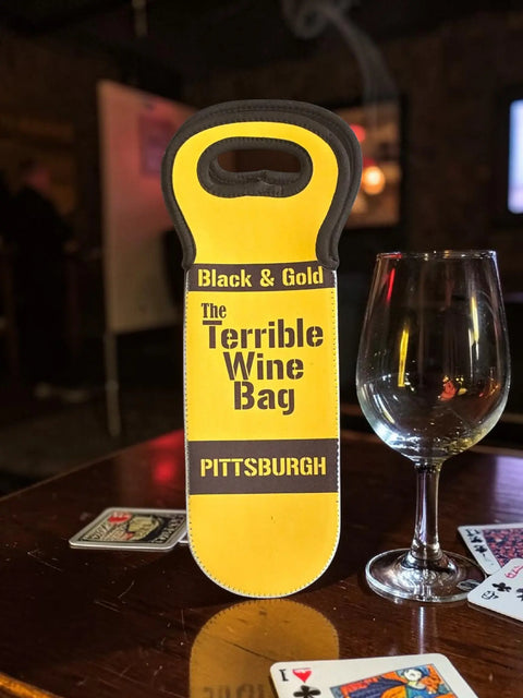 Insulated Black and Gold Pittsburgh Steelers Wine Carrier – Durable Neoprene Tailgate Tote | Made in USA Michelle Marie Boutique  Wine Carrier Bags
