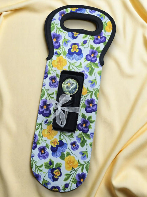 Insulated Blue Yellow Floral Wine Tote Bag – Durable Pansy Pattern Wine Carrier | Made in USA Michelle Marie Boutique  Wine Bag