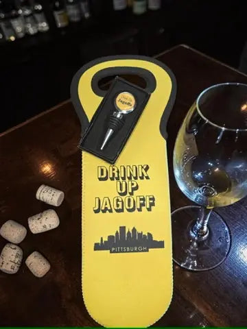 Insulated Neoprene Wine Bag with Pittsburgh Skyline – Drink Up Jagoff Stopper Set | Made in USA Michelle Marie Boutique  Wine Bag and Stopper