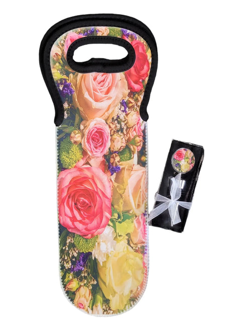 Insulated Rose Flower Wine Bag with Matching Stopper Set – Neoprene Bottle Carrier | Made in USA Michelle Marie Boutique  Wine Carrier Bags