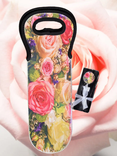 Insulated Rose Flower Wine Bag with Matching Stopper Set – Neoprene Bottle Carrier | Made in USA Michelle Marie Boutique  Wine Carrier Bags