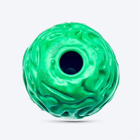 The Goughnuts Reward KSP Ball is a bright green, textured treat-dispensing dog toy with a wavy surface and large central hole, shown from above on a light gray background.