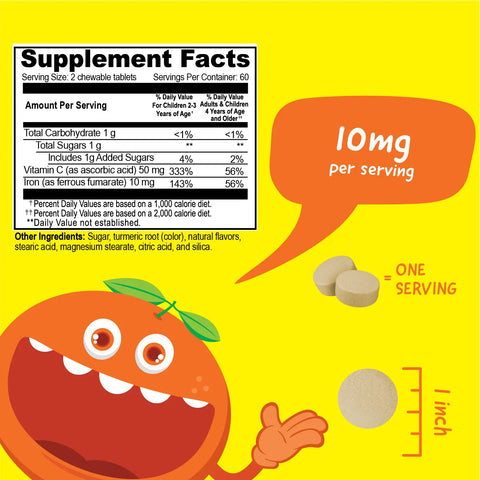 Iron and Vitamin C Chewable Tablets for Kids 120 Count – Immune Support & Healthy Growth | Made in USA VitaWorks  Chewable
