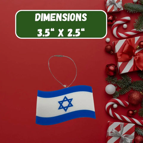 The Israeli Flag Christmas Ornament by Chatelet Manufacturing features blue and white with a Star of David, shown on a festive red background. Made in the USA. Show your support for Israel this holiday. DIMENSIONS 3.5 X 2.5.