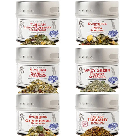 The Gustus Vitae Italian Seasoning Gift Set - Tastes of Italy Six Pack features artisanal spice blends: Tuscan Lemon Rosemary, Everything Pizza, Sicilian Garlic, Spicy Green Pesto, Everything Garlic Bread, and Taste of Tuscany.
