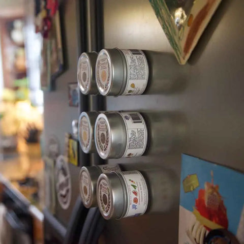 Six Gustus Vitae spice jars from the Italian Seasoning Gift Set magnetically attach to a fridge, surrounded by colorful magnets and photos, with a kitchen counter visible in the background.