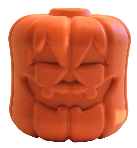 The SodaPup Jack O Lantern EDispener is a durable orange rubber chew toy and treat dispenser, shaped like a square jack-o’-lantern with carved eyes, nose, and a grinning mouth.