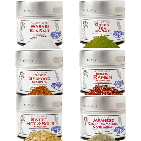 The Gustus Vitae Japanese Seasoning Gift Set - Tastes of Japan Six Pack features artisanal spice blends with bold umami flavors, including Wasabi Sea Salt, Green Tea Matcha, Pacific Seafood, Shichimi Ramen, and more.